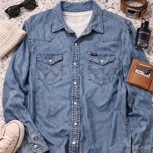 Wrangler Western Snap Button Denim Shirt Size Large